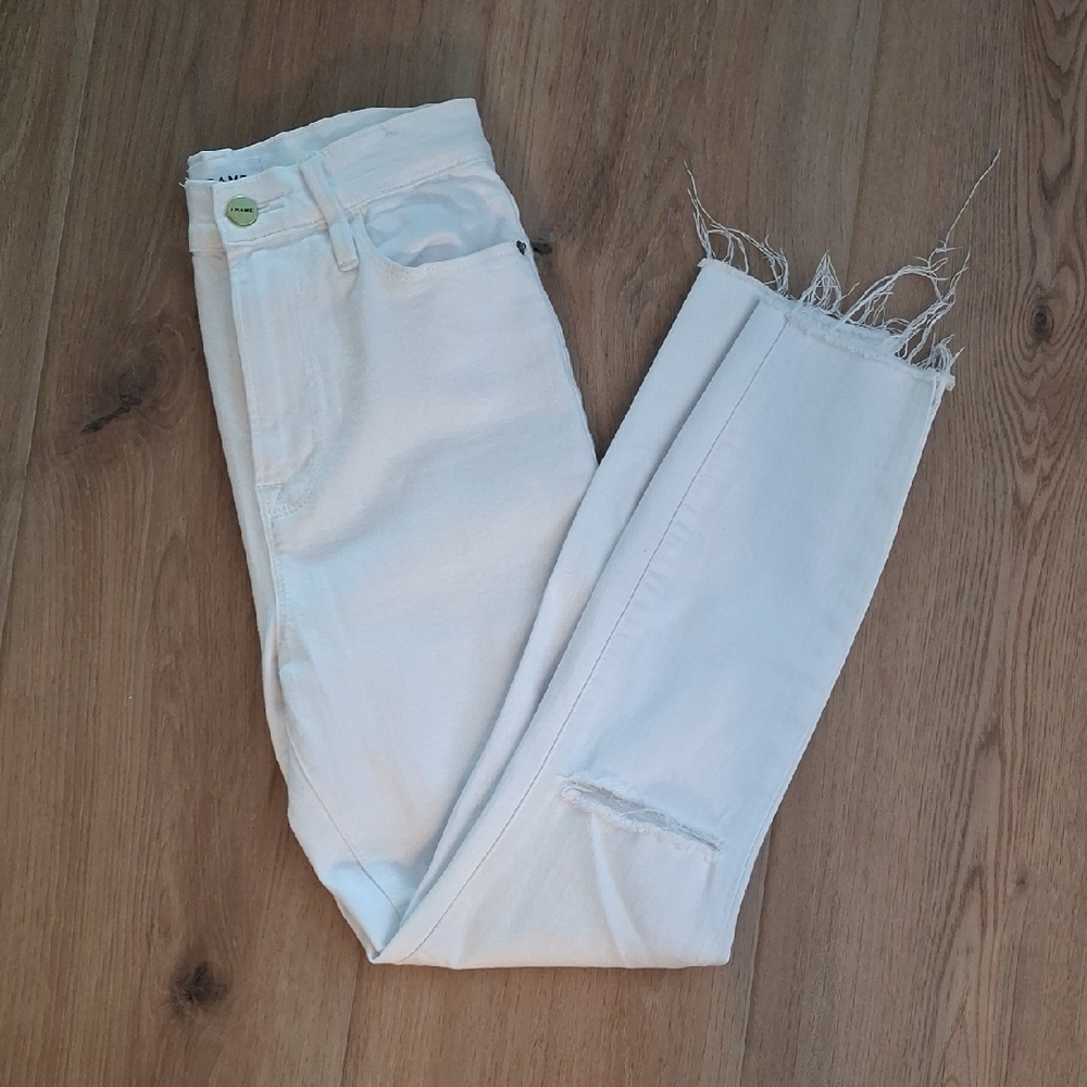 Frame Denim White Frayed Skinny Jeans